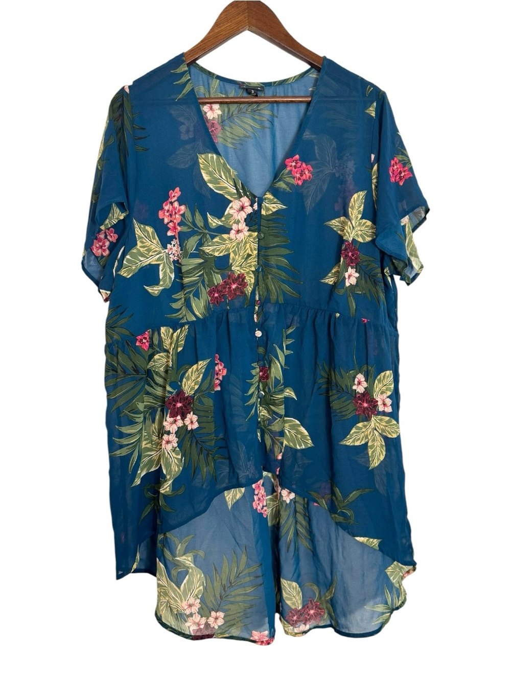Torrid Semi-Sheer Teal Floral Button-Front Tunic Hi-Lo Hem Size 3X Short Sleeve